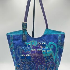 Laurel Burch Blue and Purple Cats Tote Bag Purse w/ Block & Tag Charms
